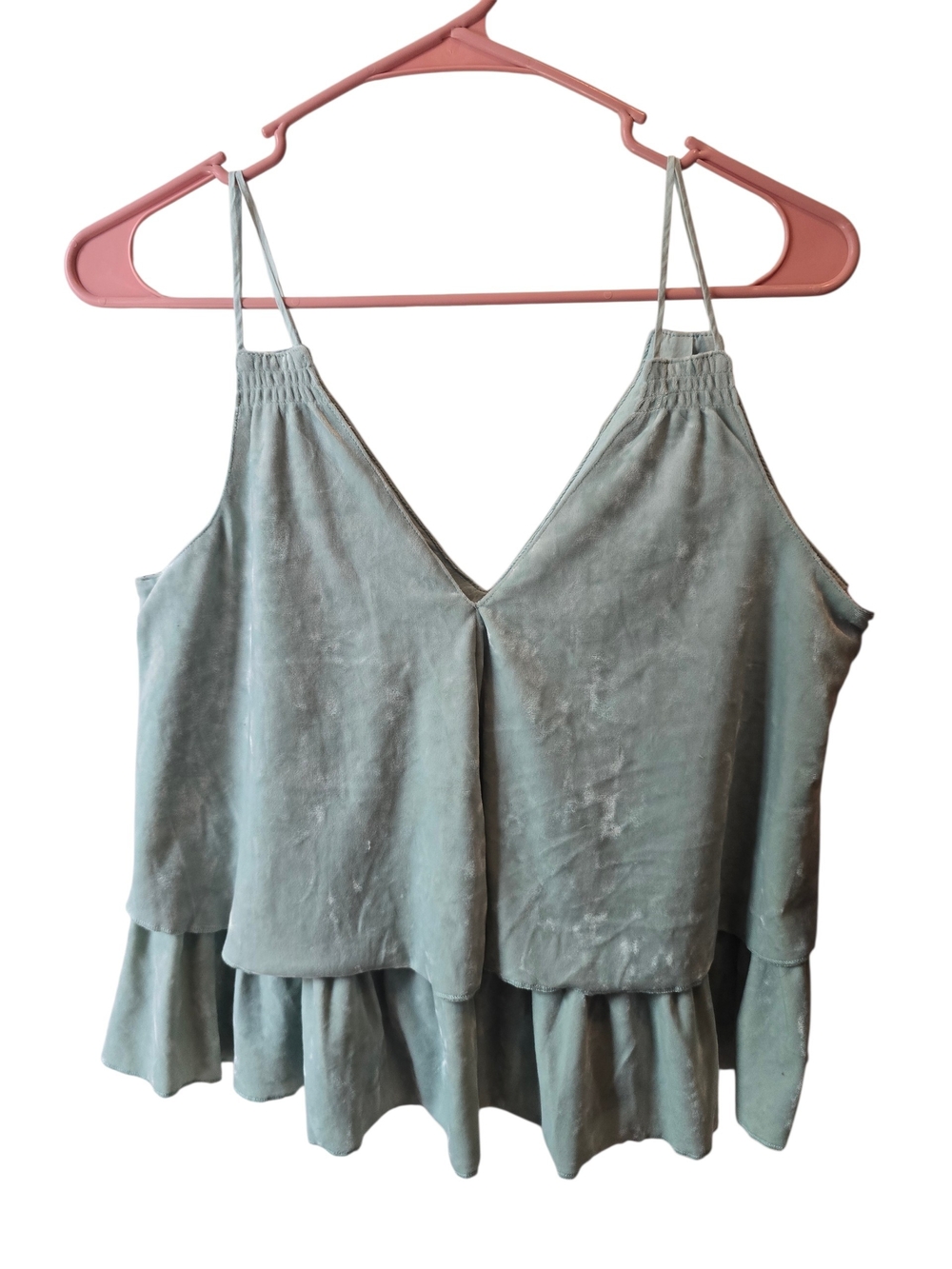 aerie Sage Green V-Neck Tiered Crushed Velvet Camisole